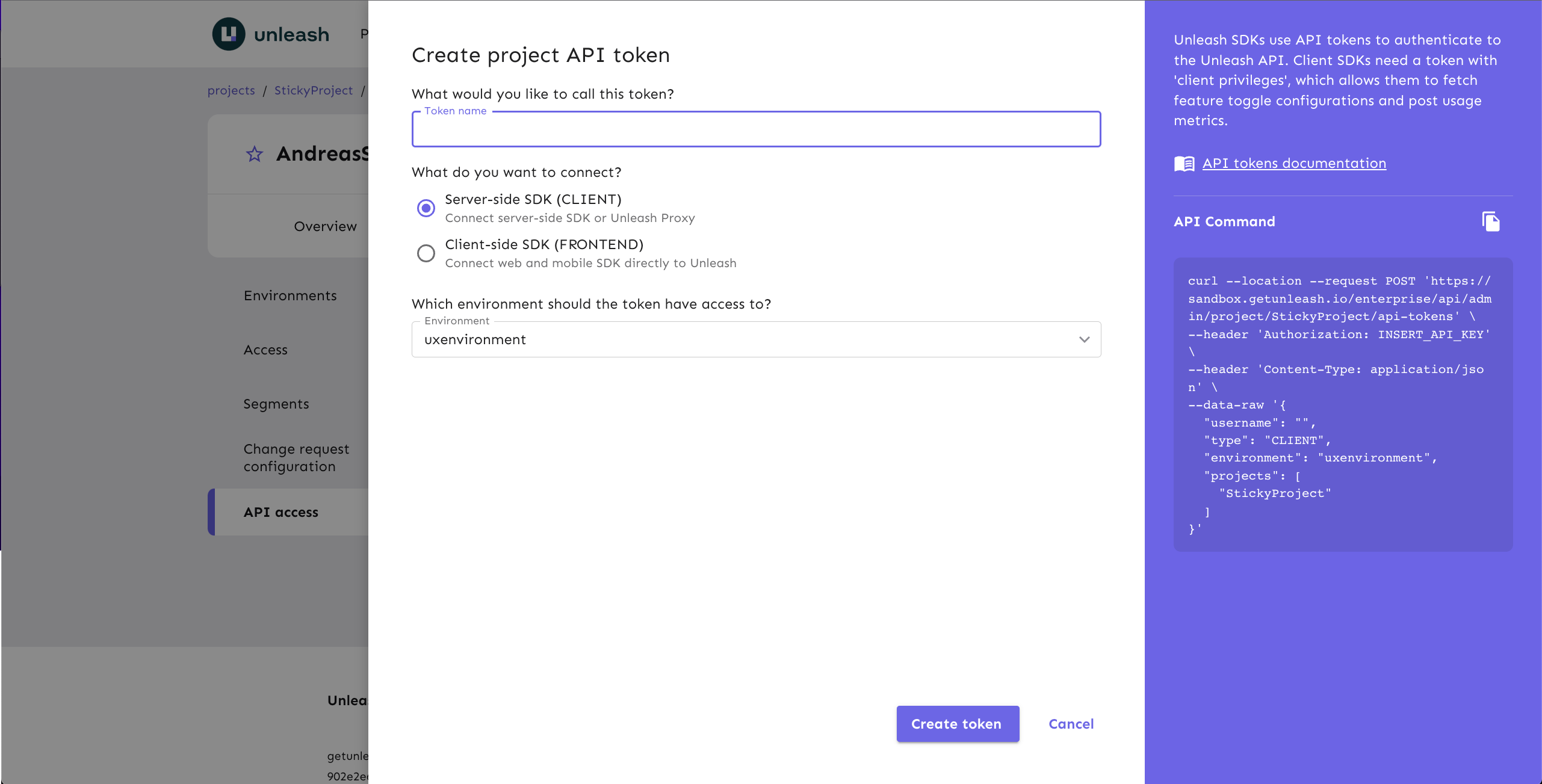 Project API token creation form. 